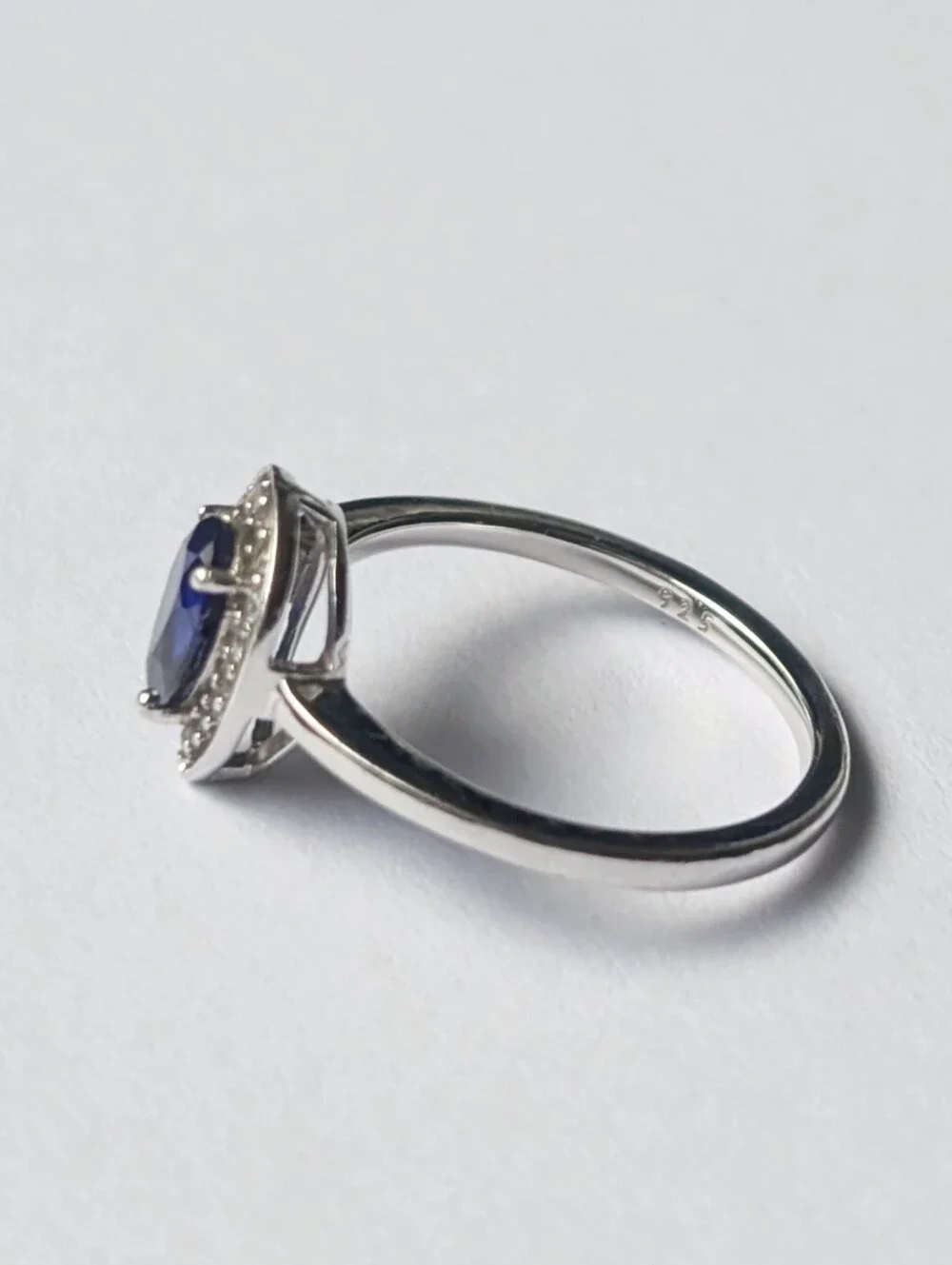 Sterling silver ring Pear shaped lab created blue white sapphire Rhodium JWBR